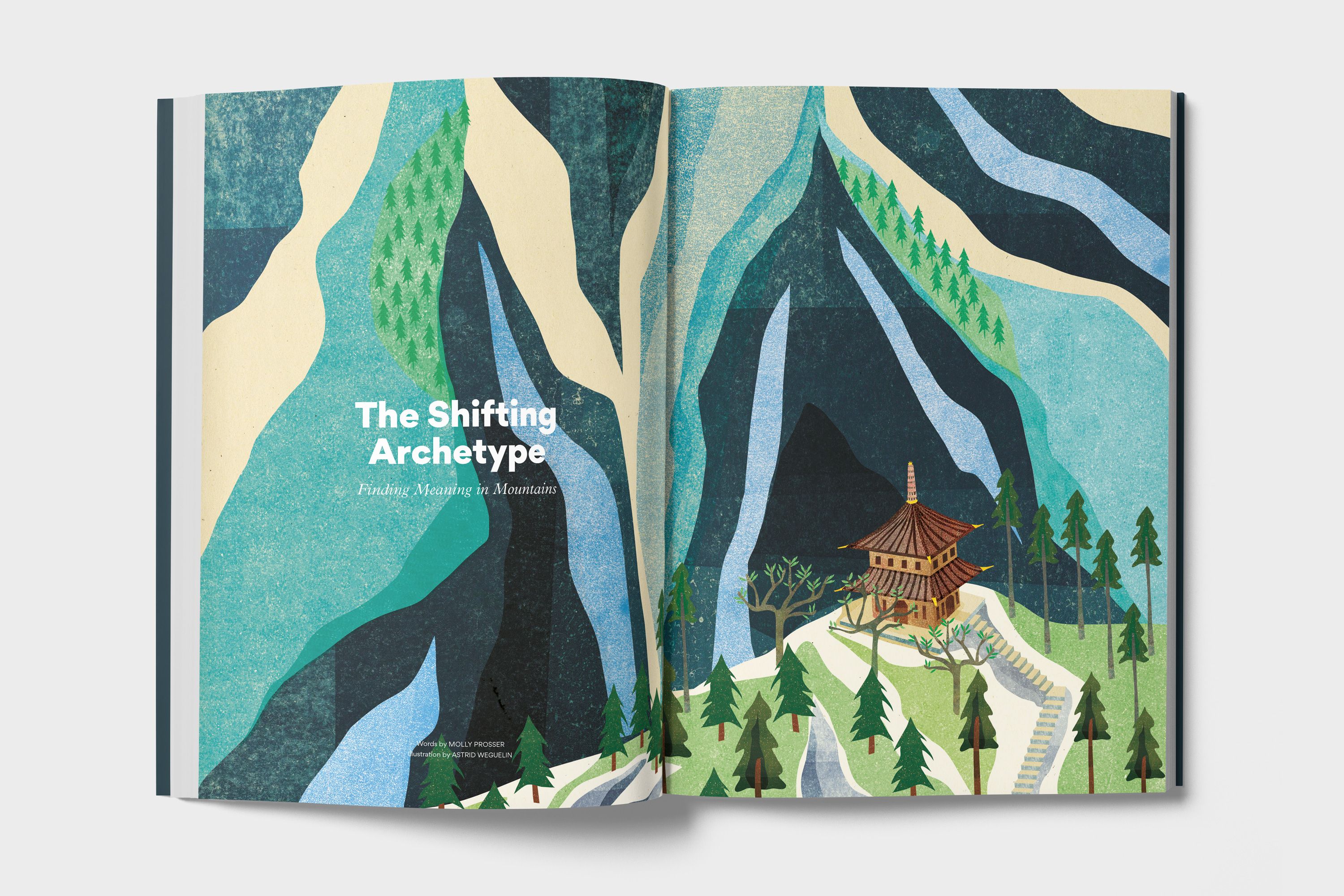 A Spread from Another Escape Magazine, with a colourful illustration entitled The Shifting Archetype.