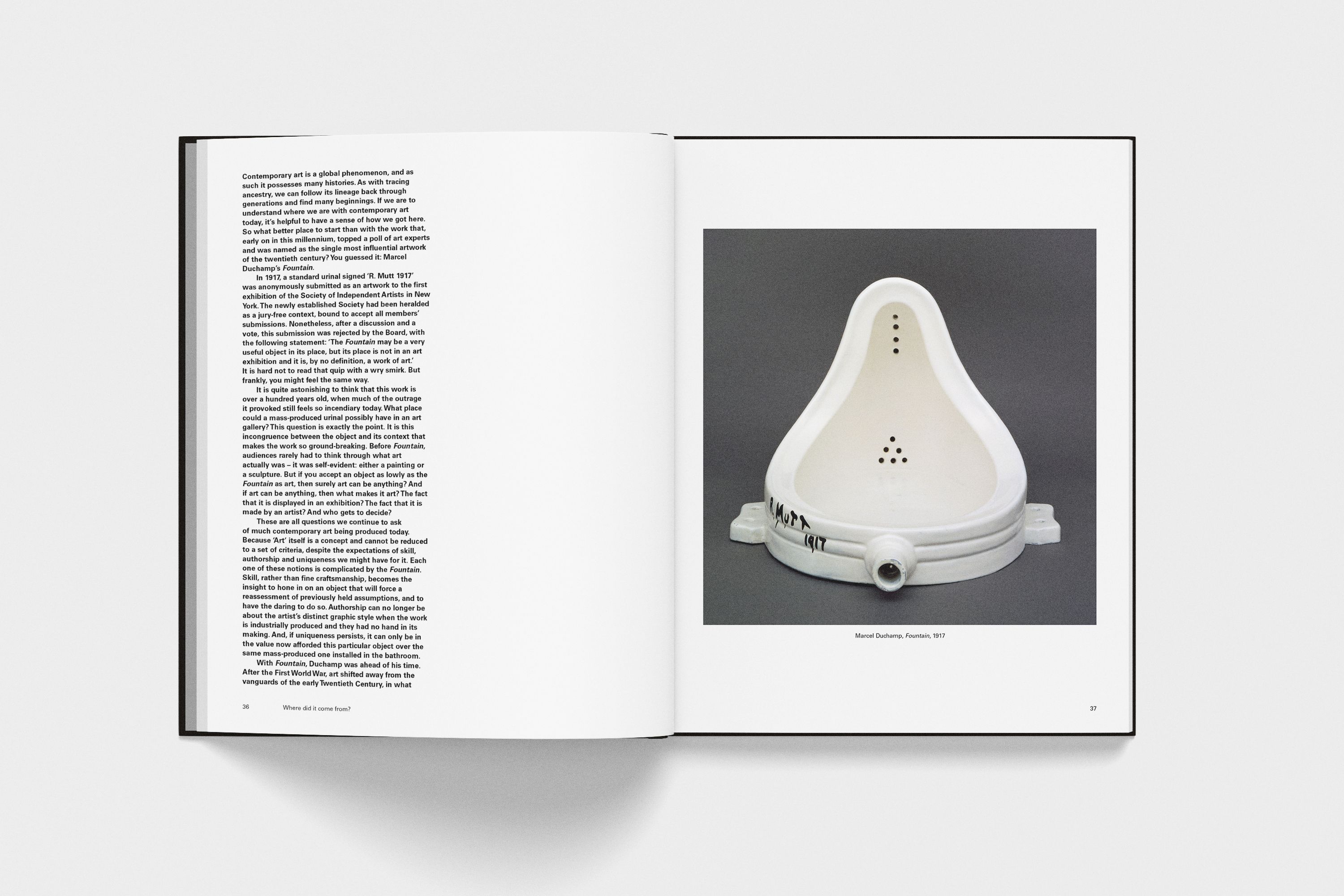 a lay flat spread of an artist book celebrating modern art, this design depicts the work of Marcel Duchamp. Design by Extract Studio