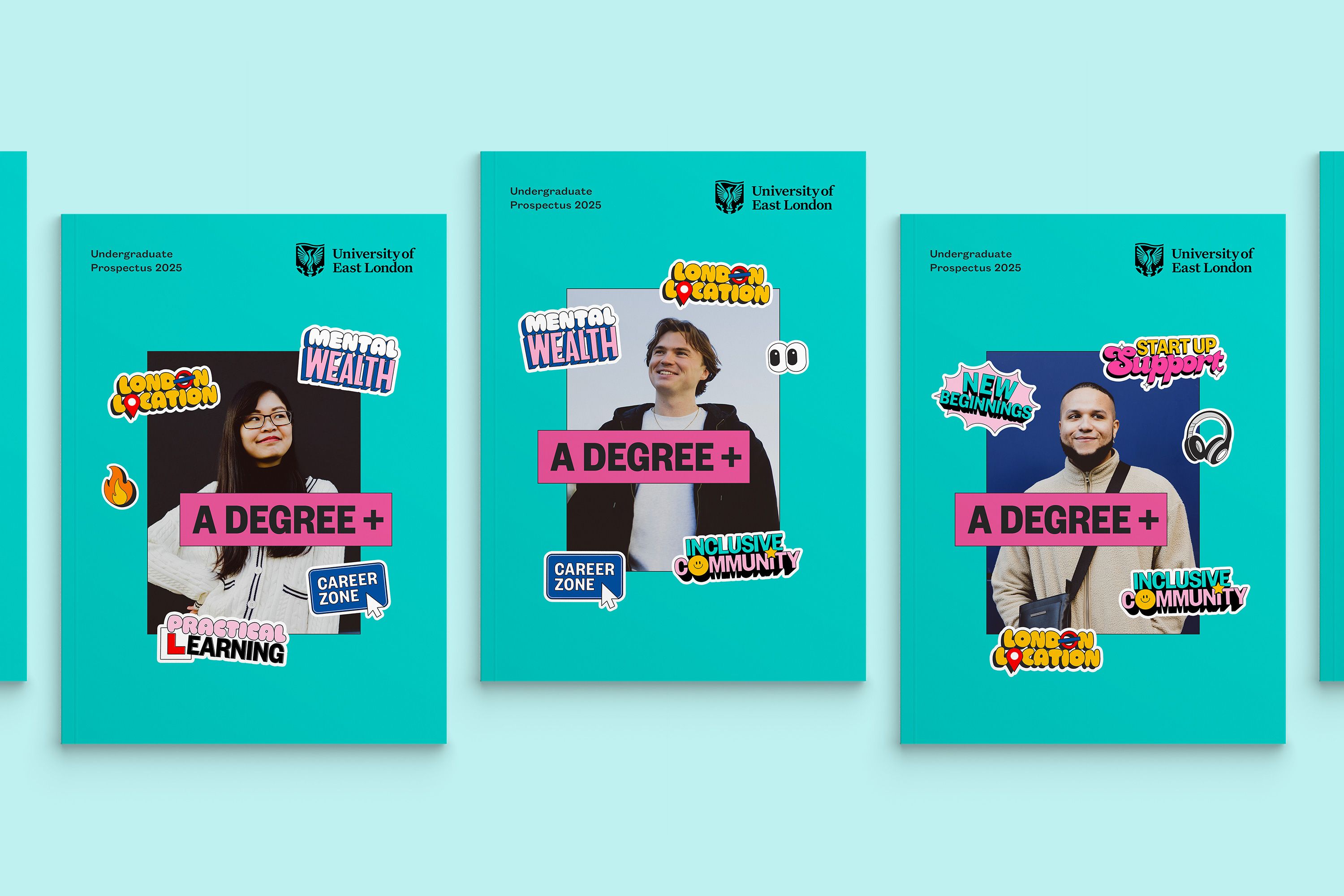A multi series of undergraduate prospectuses, the design is colourful and playful and features the portraits of university students. Each portrait is surrounded by a range of illustrative stickers as part of a continuation of the creative campaign