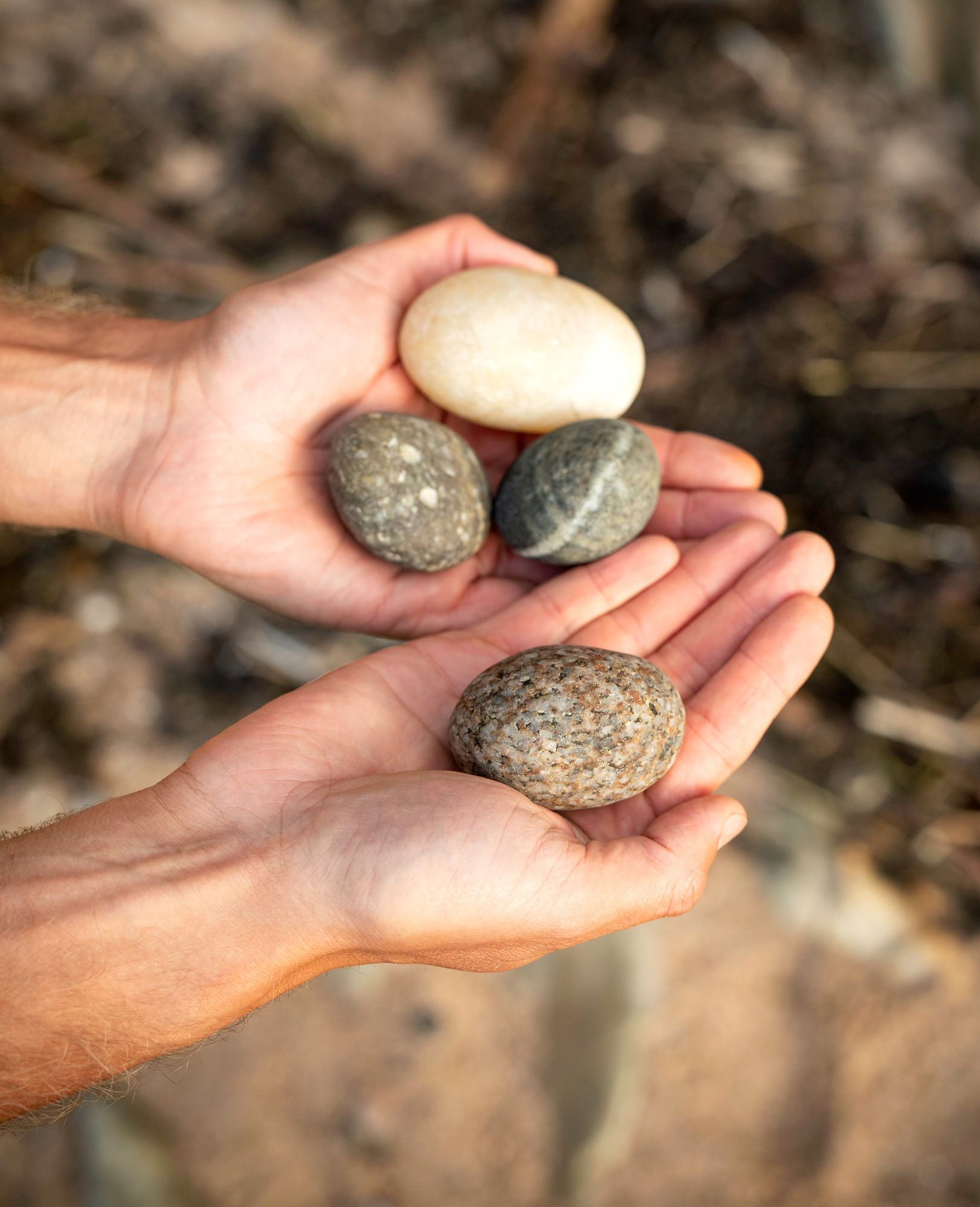 A pair of hands holding 4 stones