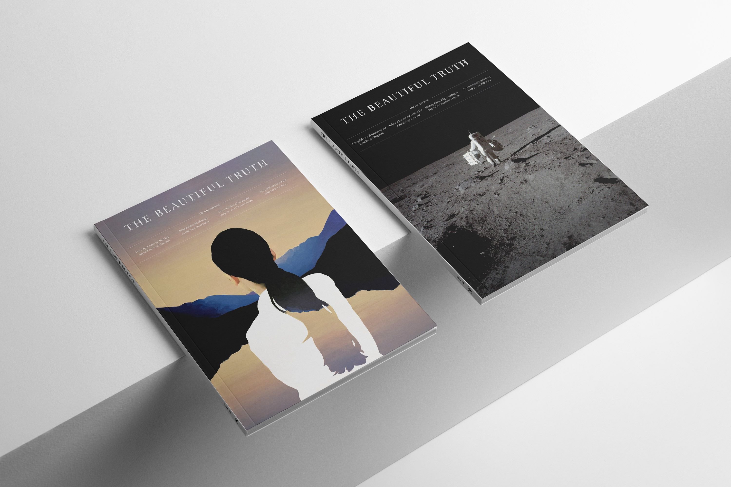 Two magazines of The Beautiful Truth lay next to each other in a studio environment. The design is sleek, sophisticated