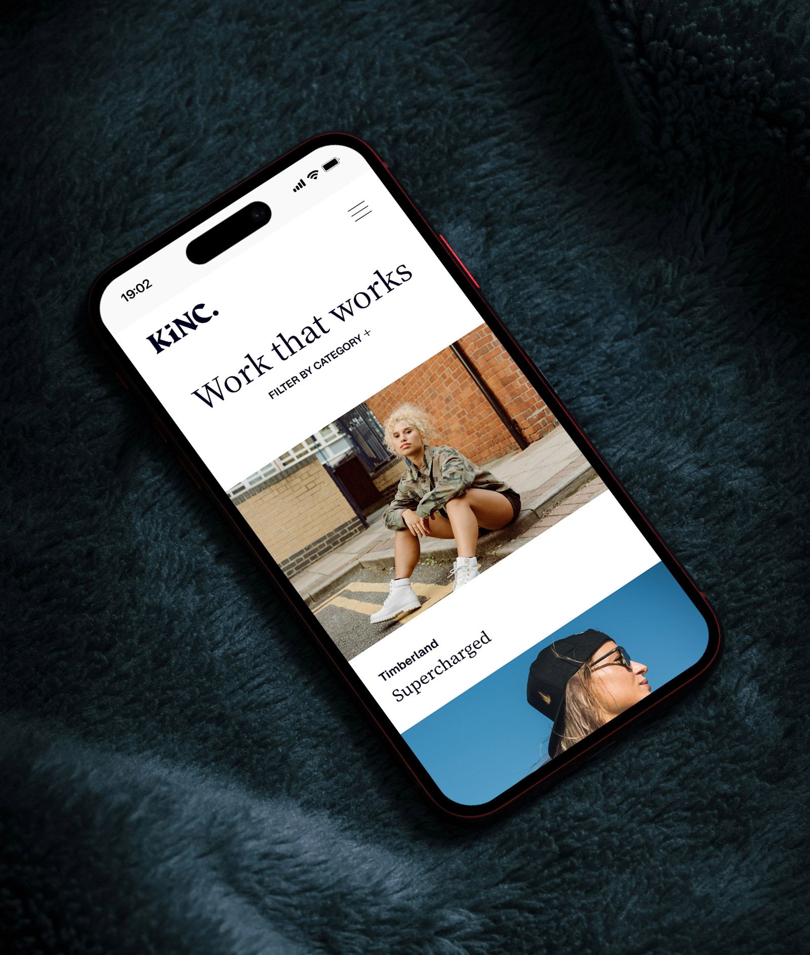 Mobile preview of website for marketing agency KINC, highlighting content-led campaigns for brands like Timberland, with a focus on streetwear and cultural relevance.