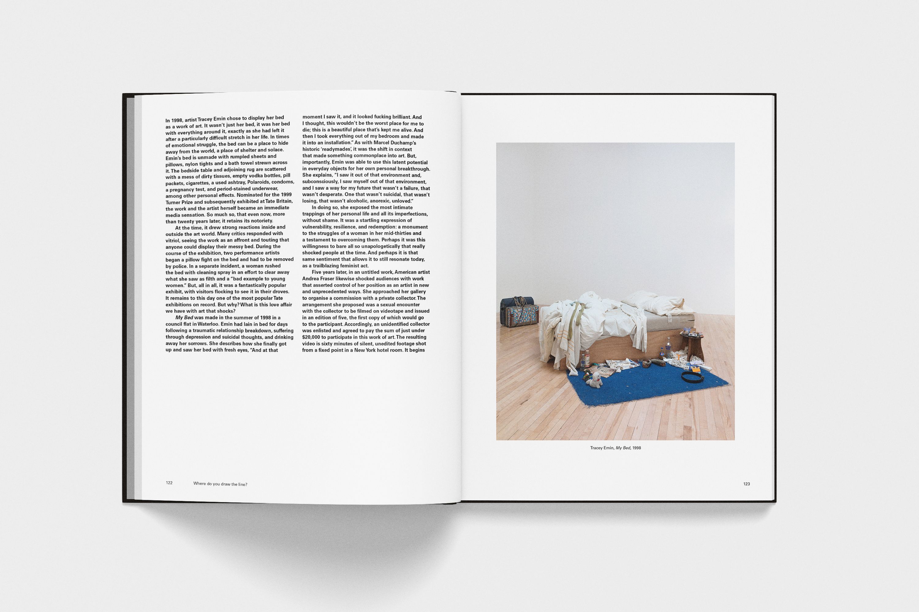 a lay flat spread of an artist book celebrating modern art, this design depicts the work of Tracey Emin. Design by Extract Studio