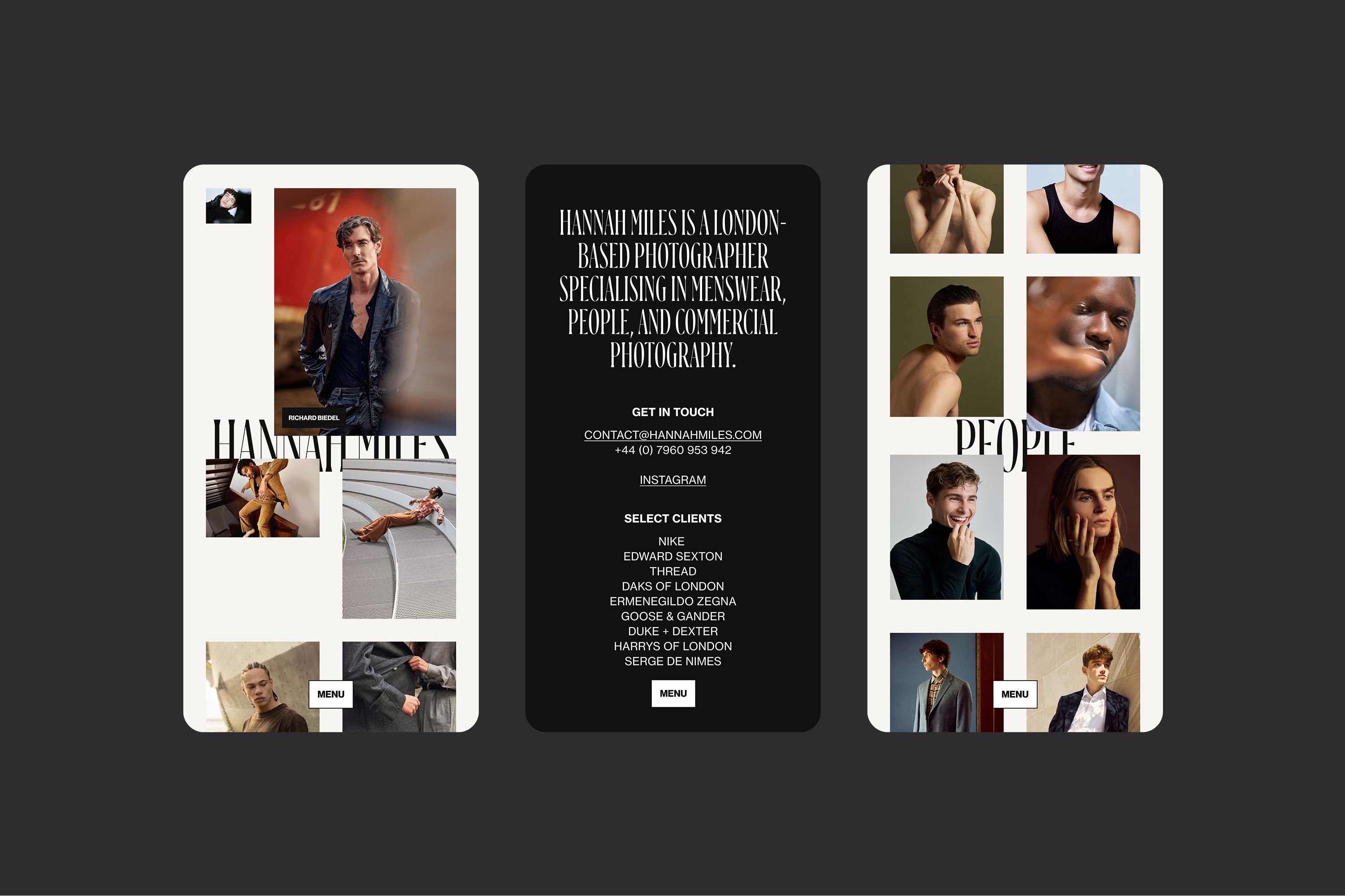 Three mobile screens demonstrating the responsive design for the website of photographer Hannah Miles