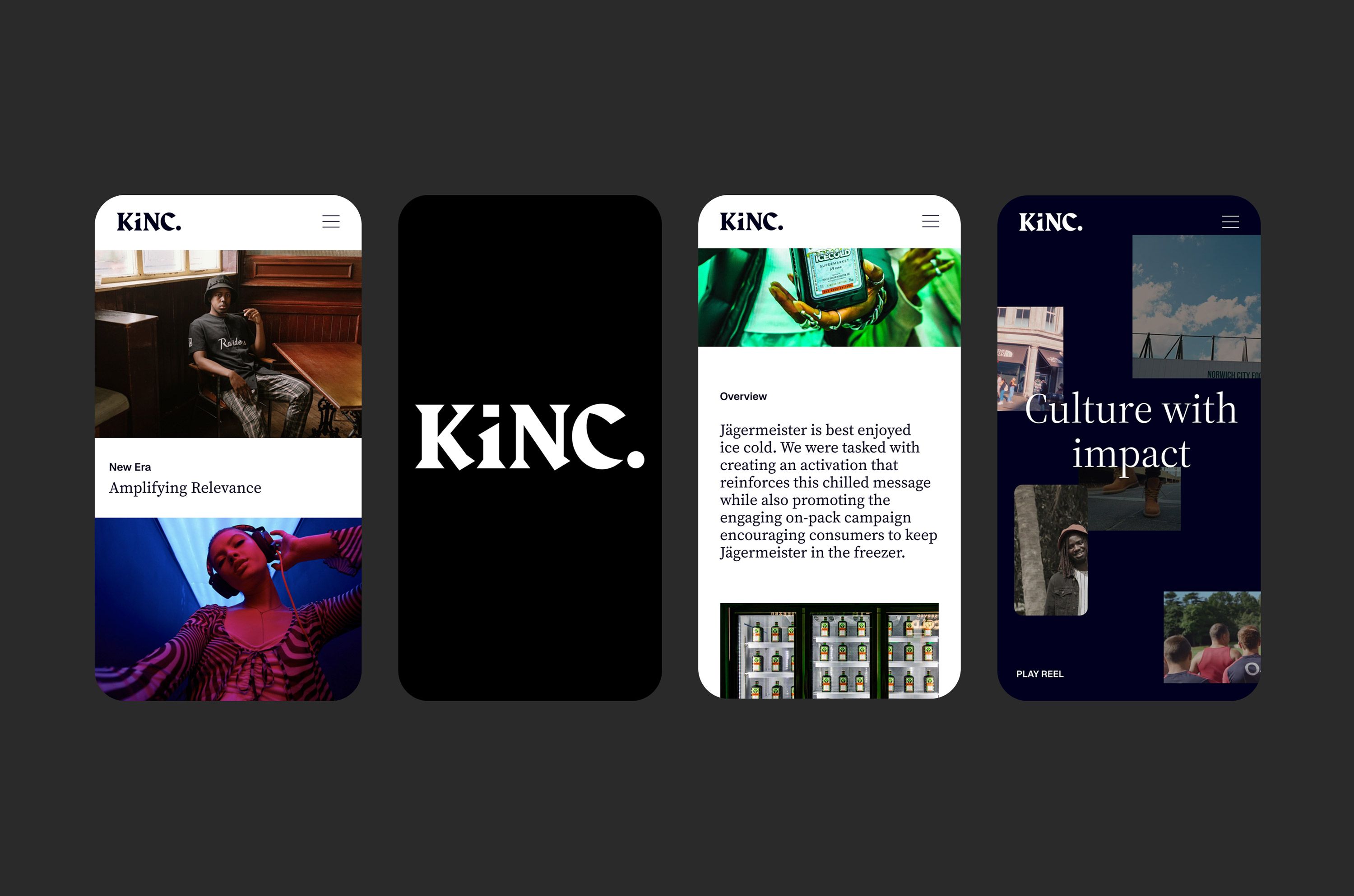 Mobile preview of website for marketing agency KINC, highlighting content-led campaigns for brands like Timberland, with a focus on streetwear and cultural relevance.