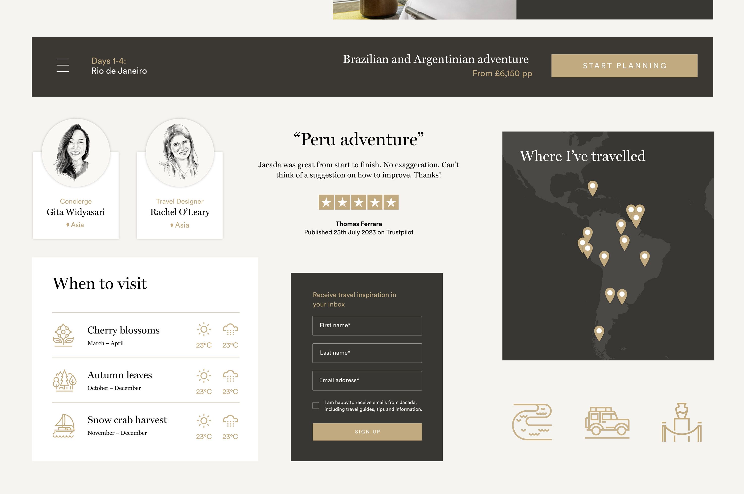 UI design highlights from the Jacada Travel luxury rebrand project