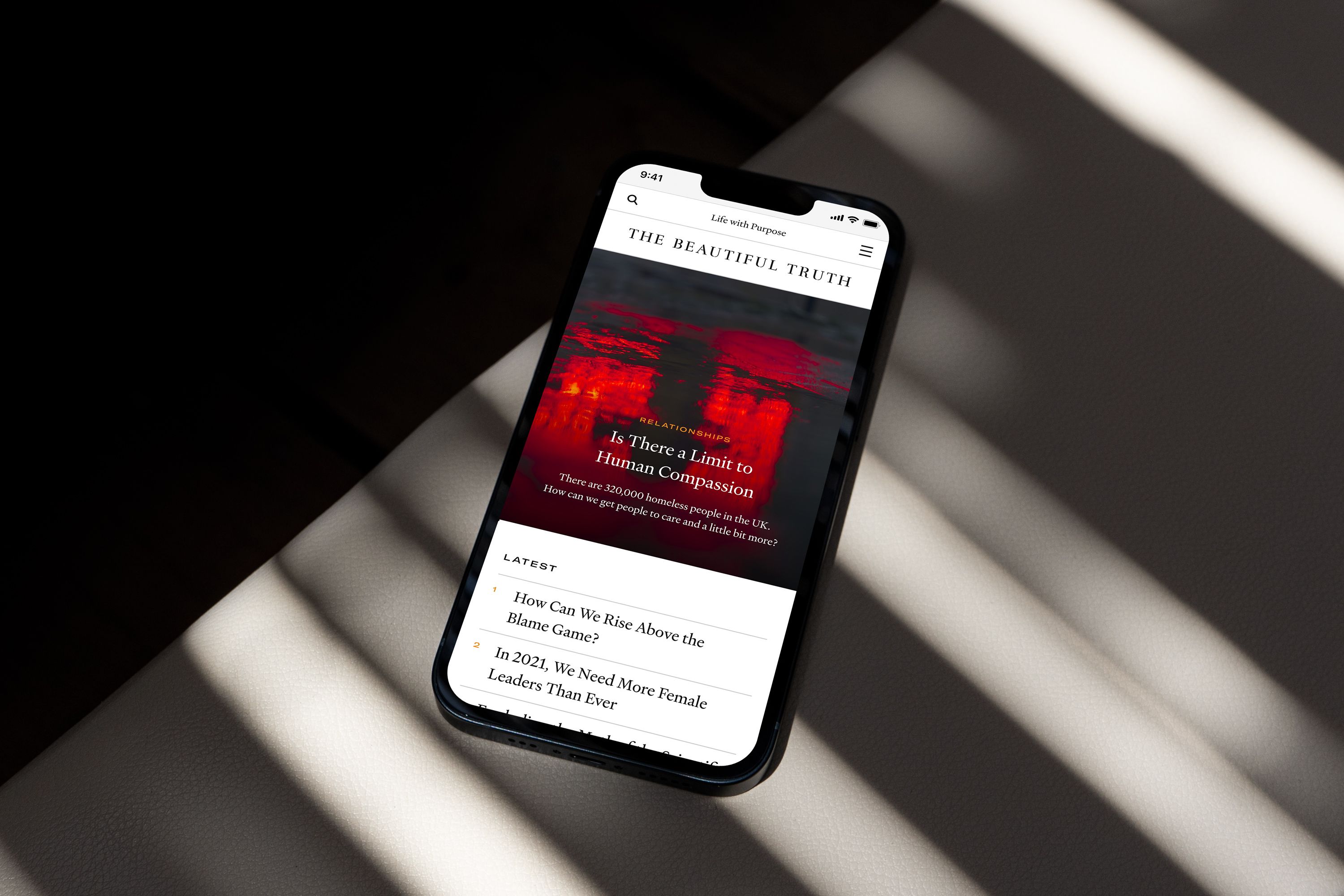 A snapshot on mobile of the responsive, editorially-driven website designed and built by Extract Studio for The Beautiful Truth