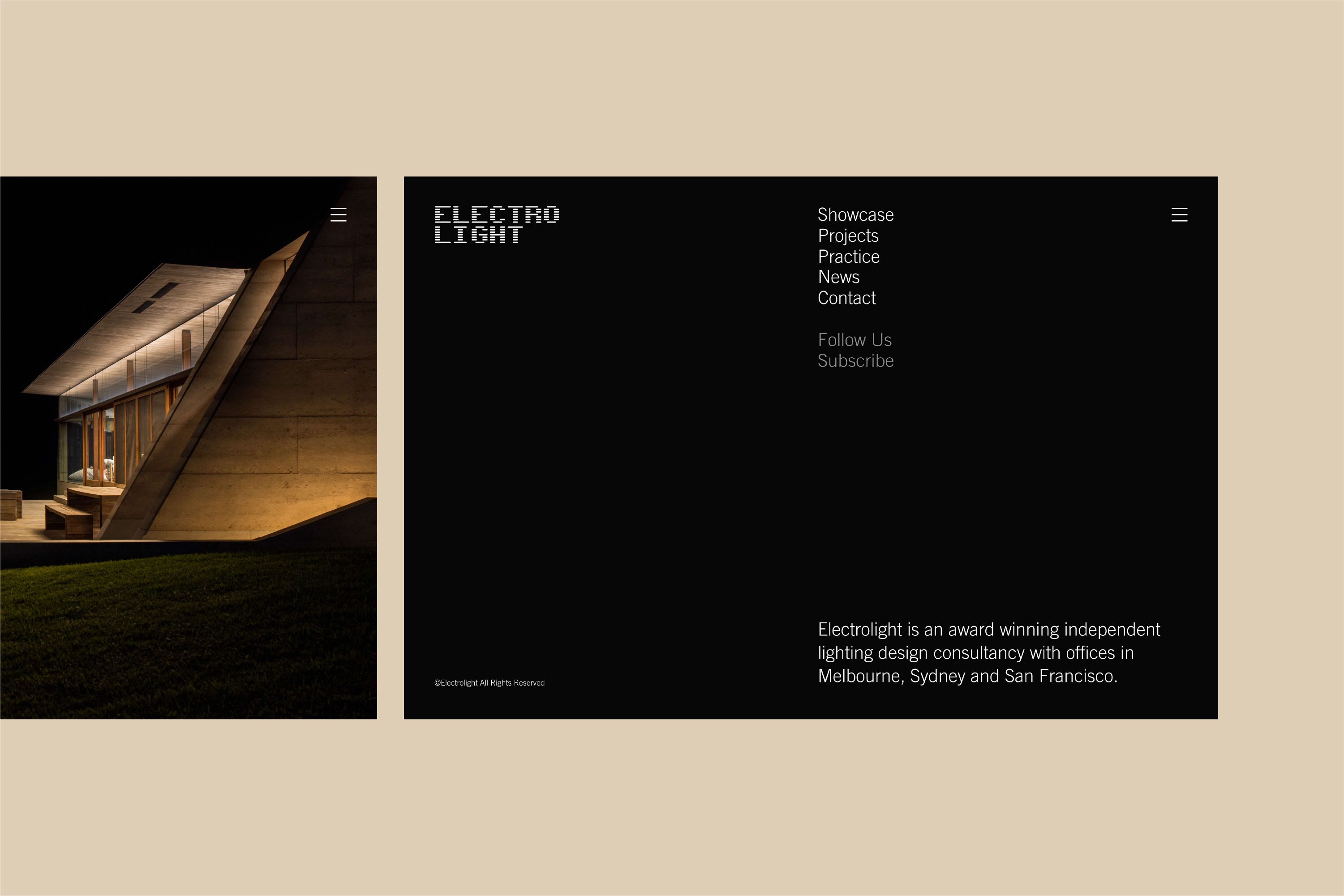 Full page overlay menu on the Electrolight website