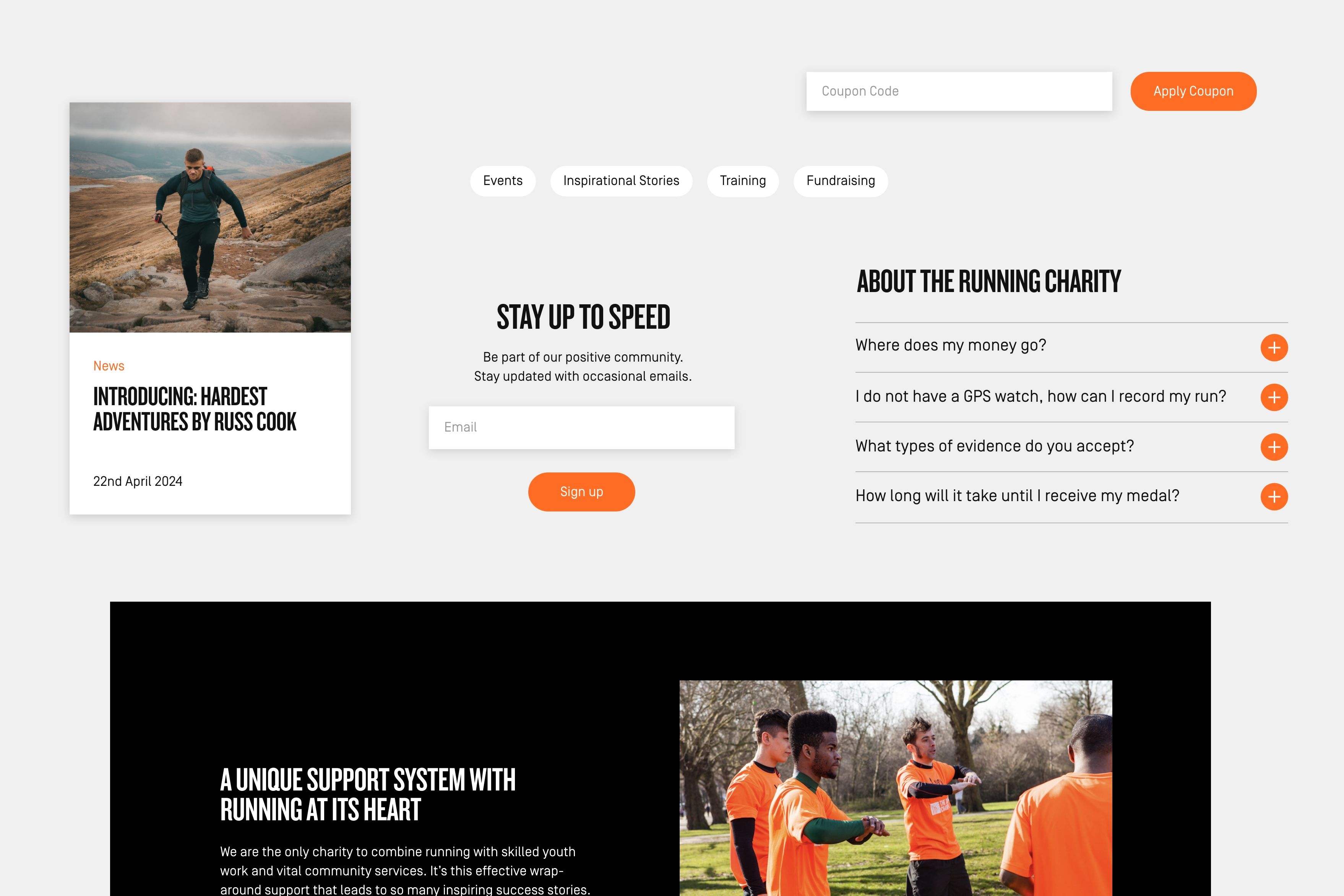 A selection of UI items from the website of The Running Charity, designed by Extract Studio