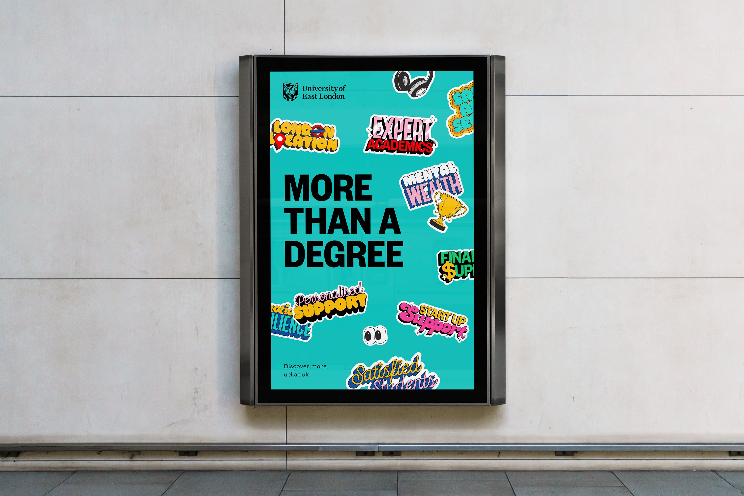 Bright, colourful out of home advertising poster for University of East London. Design by Extract Studio features illustrative stickers that cover the advert in an expressive way