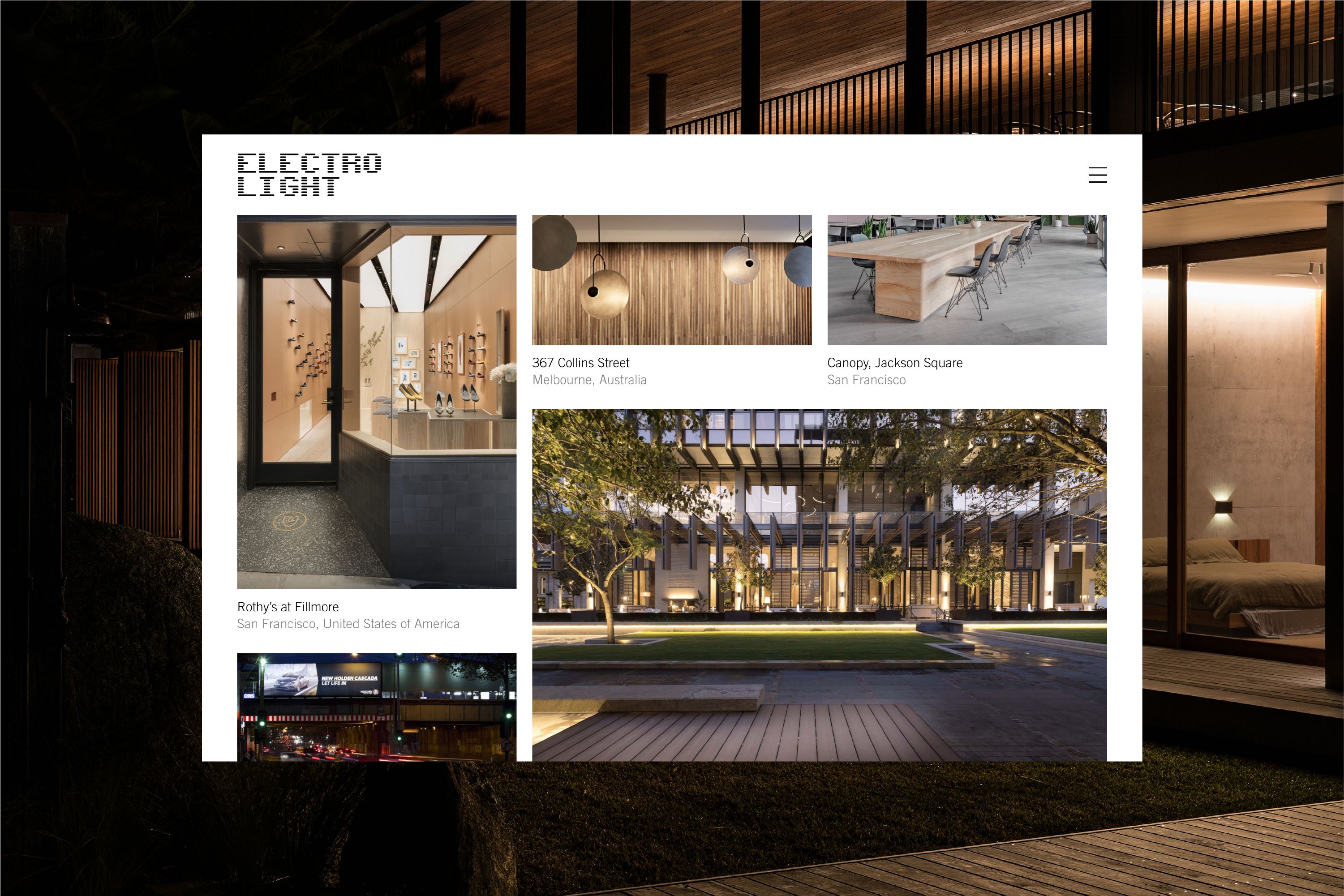 Website homepage for a Lighting consultancy, featuring a grid of project thumbnails.
