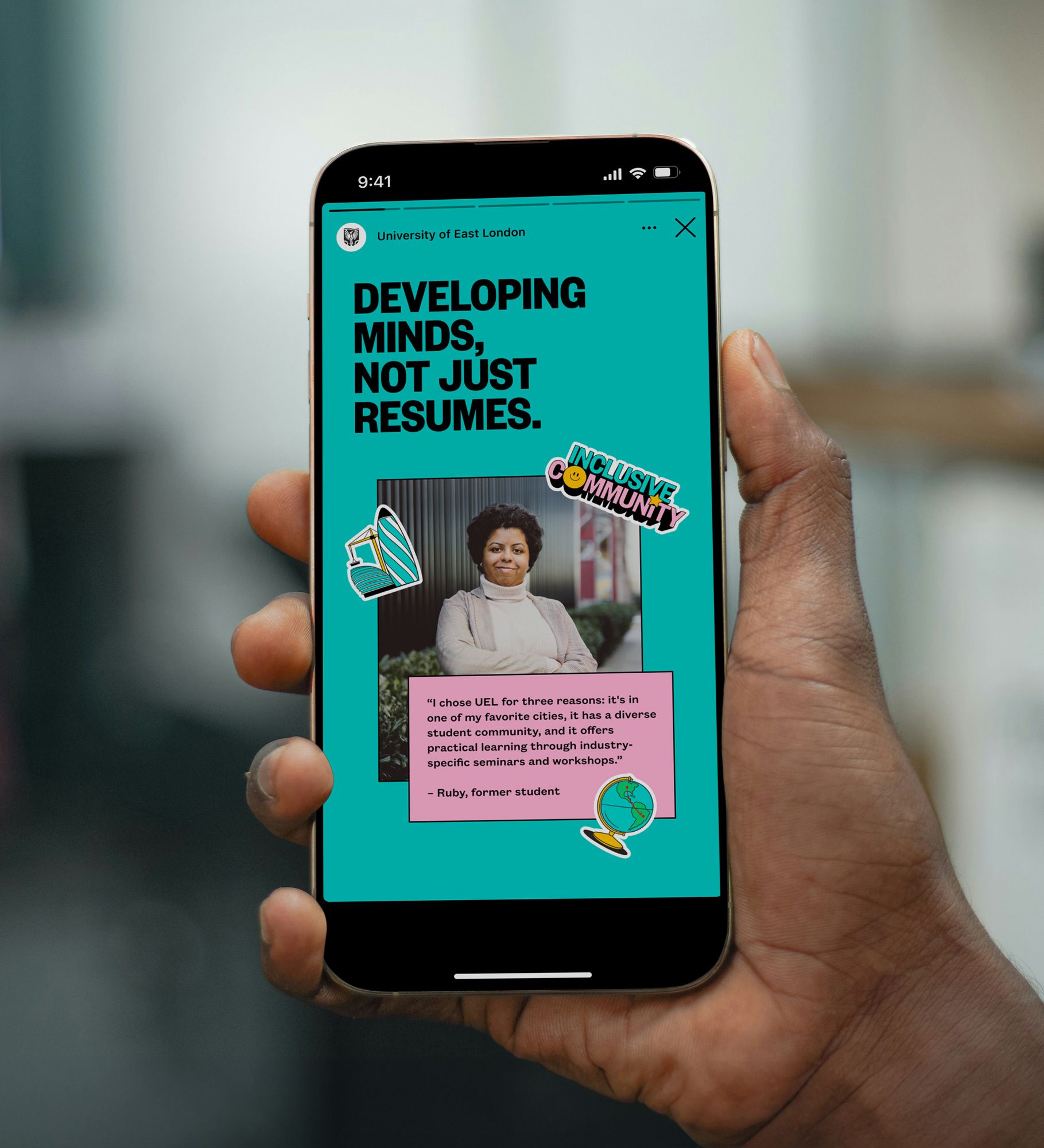 a handheld mobile phone showing the design of a creative undergraduate campaign for the University of East London designed by Extract Studio