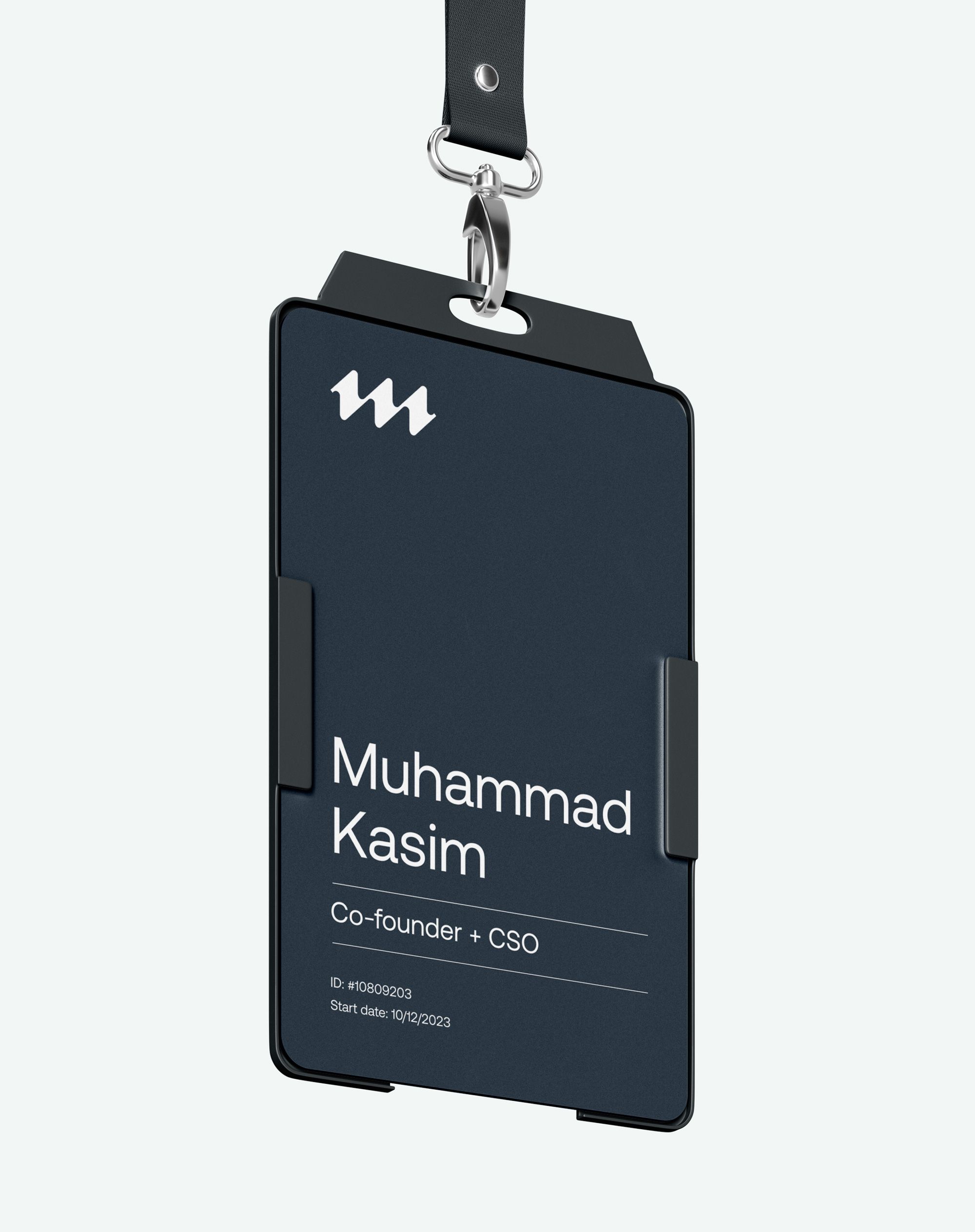 A blue and white name badge