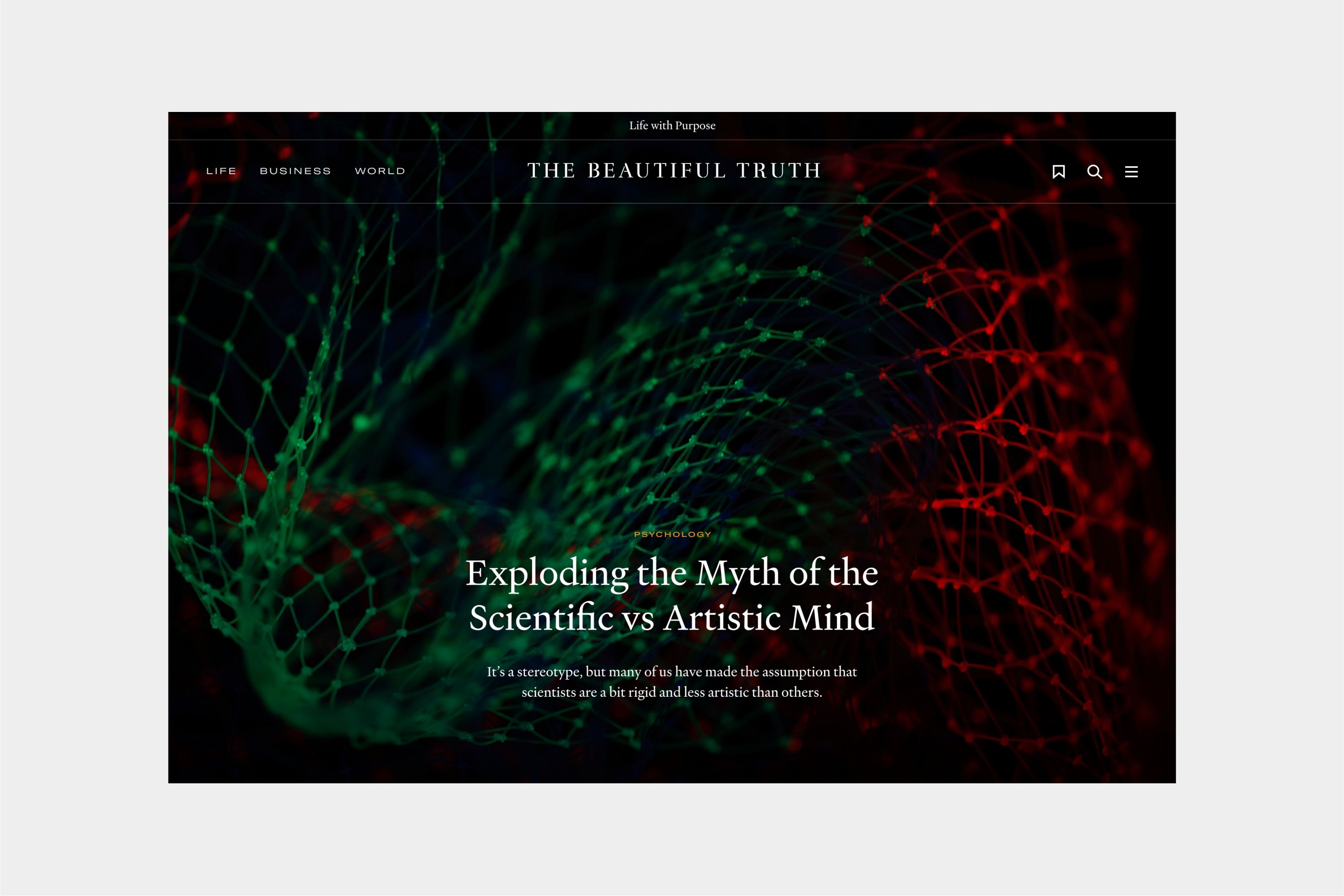 An example header of an article page for the editorial website of The Beautiful Truth, designed by brand and design studio Extract