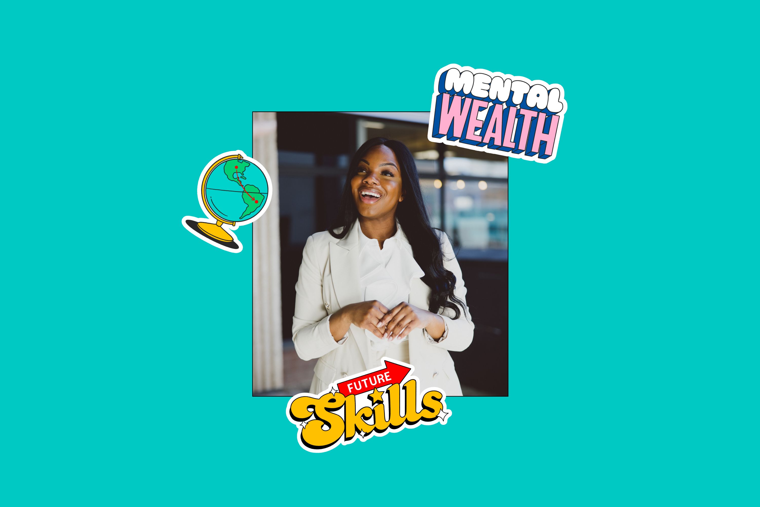 Portrait of a University student framed on a bright teal background, expressive illustrative stickers adorn the design, creative for undergraduate campaign designed by Extract Studio