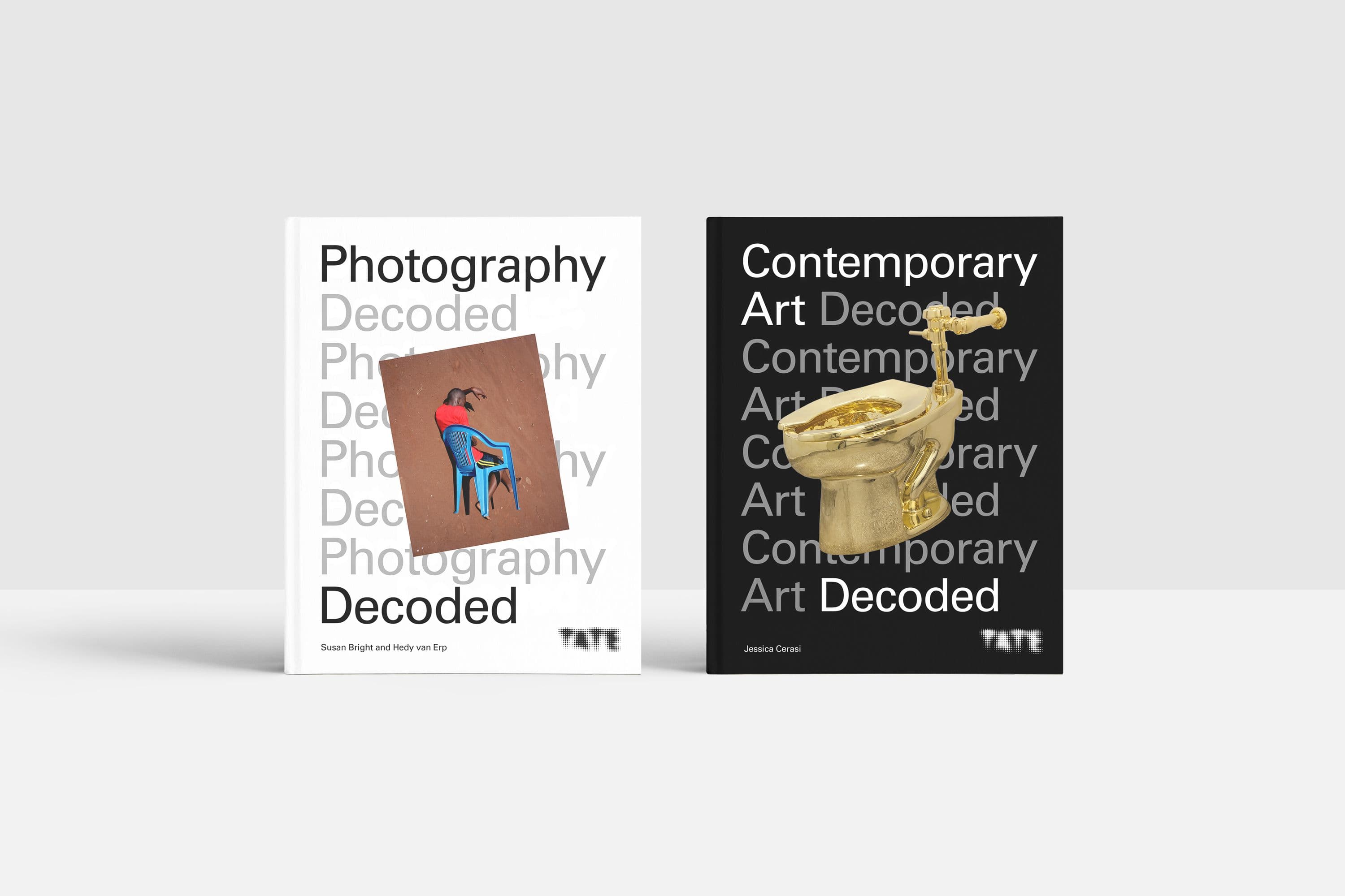 Two modernist book designs appear next to each other in a photographic studio setting. The books are two of a series to do with decoding photography and modern art. Design by Extract Studio
