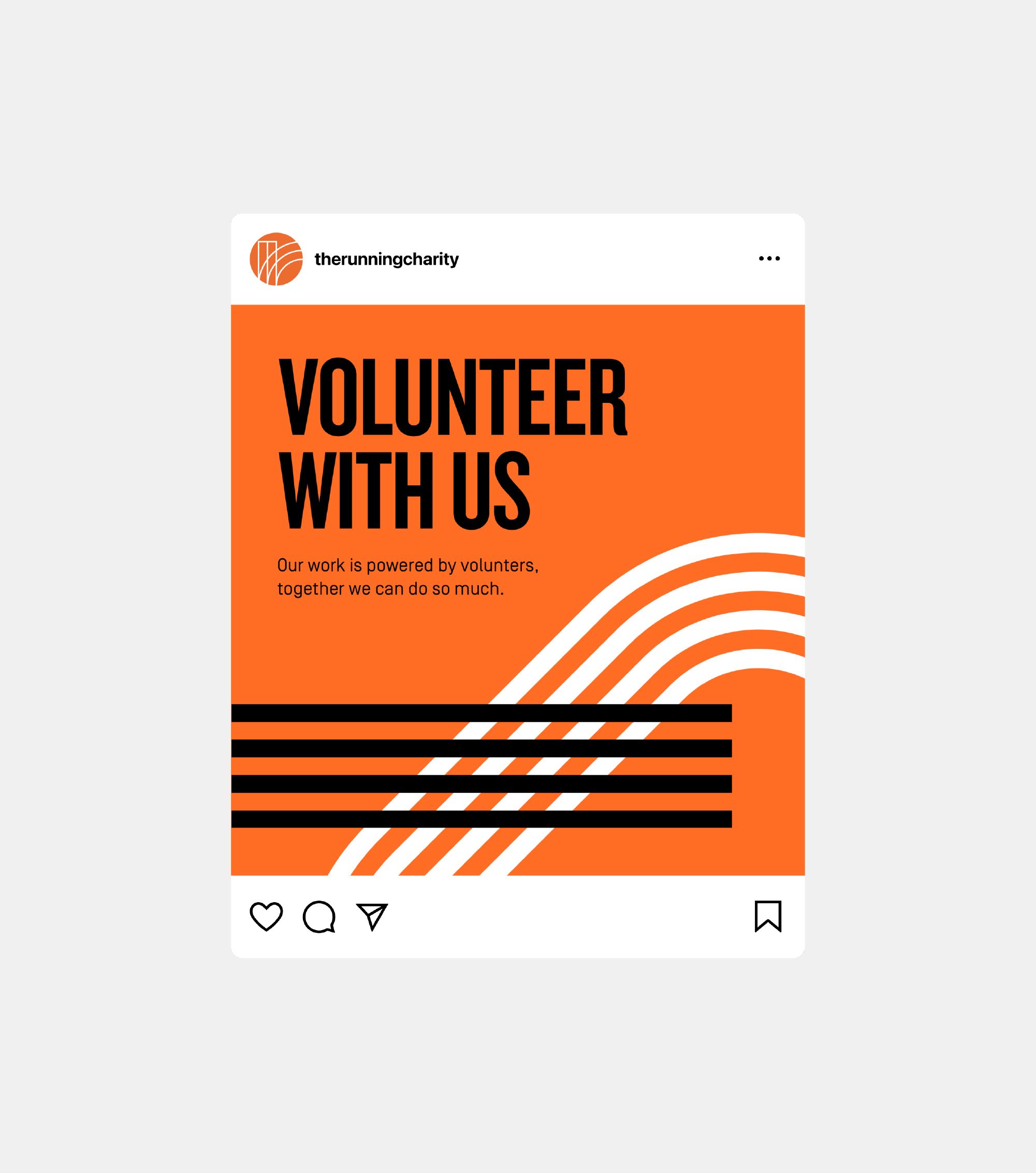 Social media design for The Running Charity encouraging volunteers to get involved