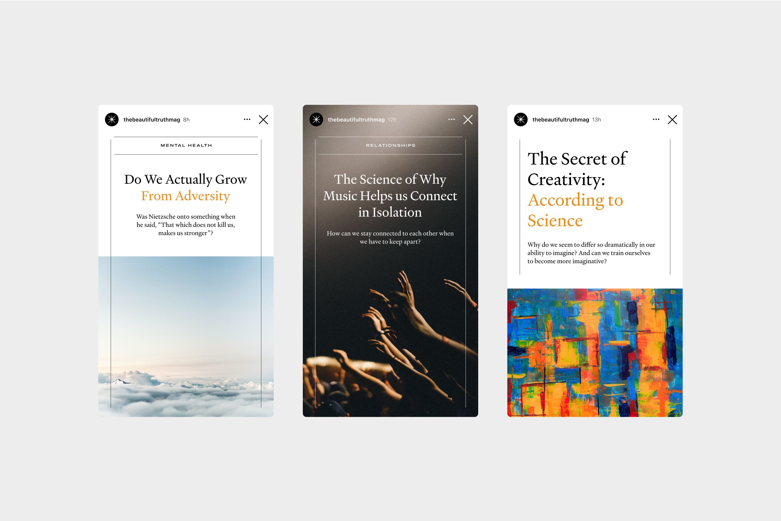 A range of social media assets showcasing the design system created by Extract Studio for consultancy The Beautiful Truth