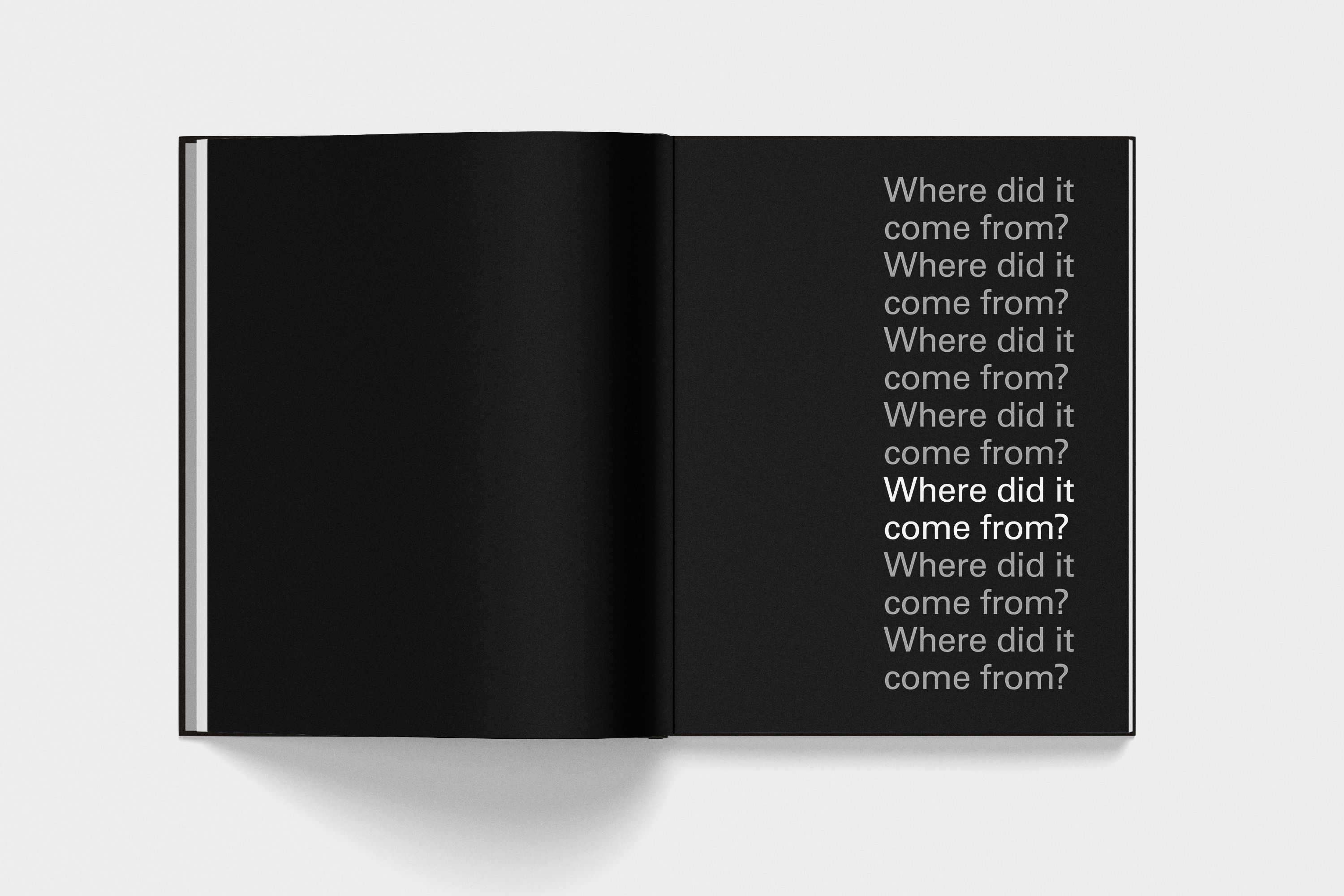 a lay flat spread of an artist book celebrating modern art, a chapter page with repetitive typography designed by Extract Studio