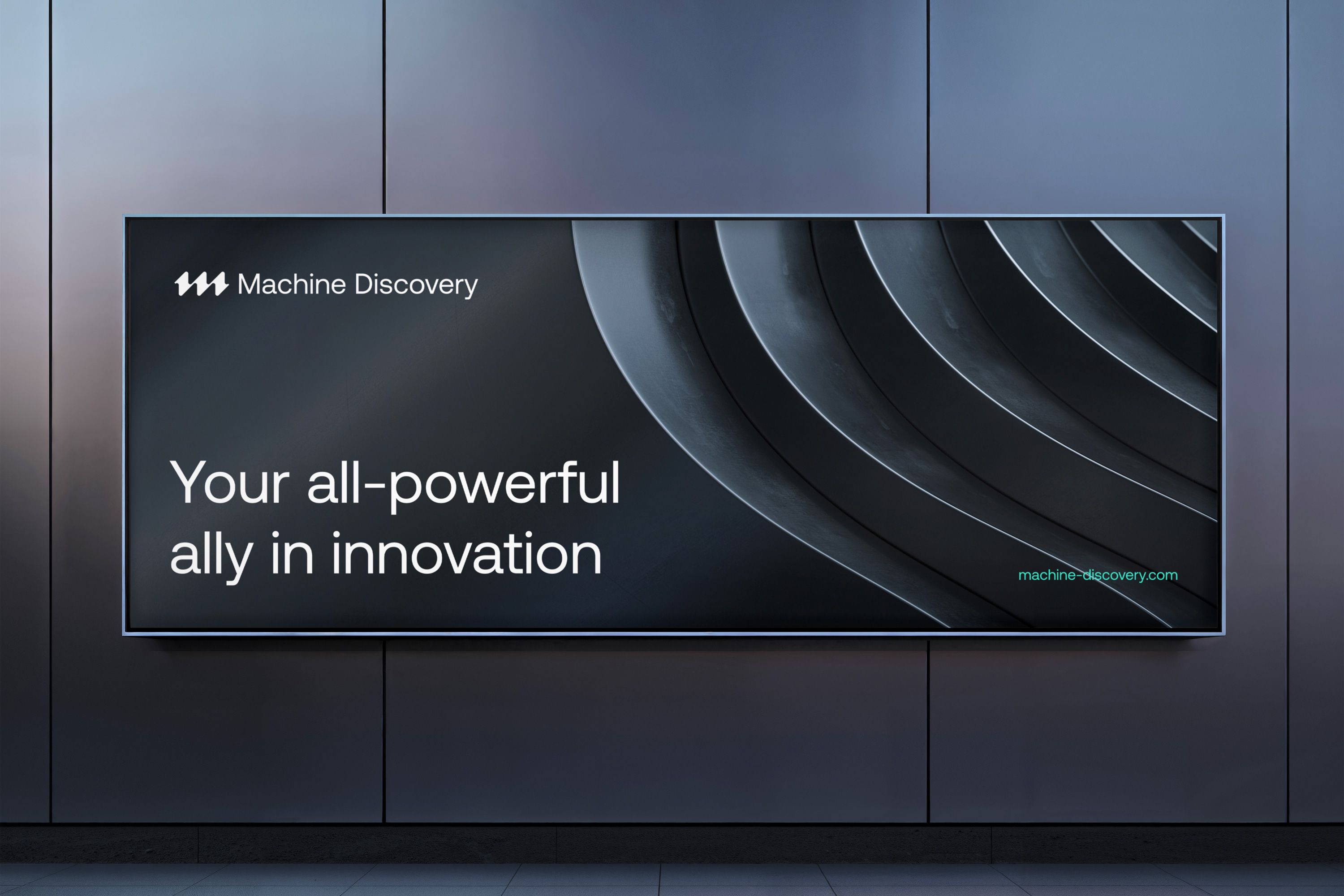 OOH showcasing the Machine Discovery brand. The headline Your all-powerful ally in innovation, sits prominently on Dark industrial renders.