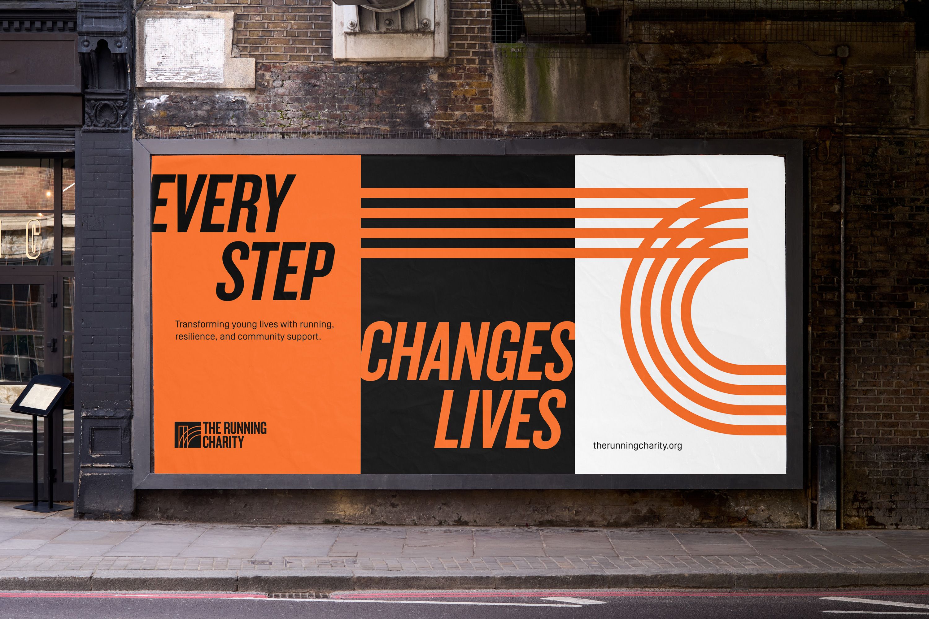 Triptych style out of home advertising in urban setting for The Running Charity