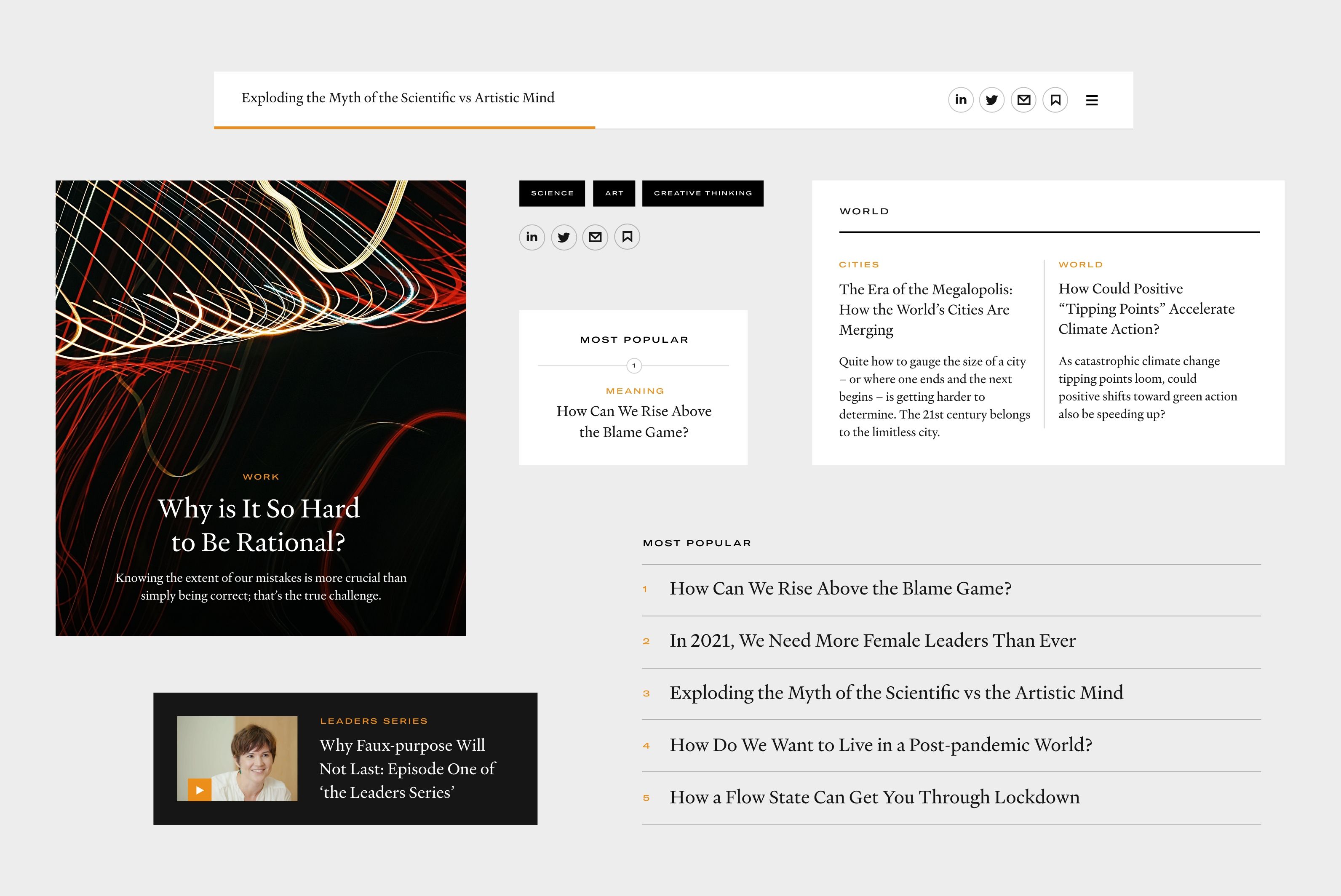 A selection of UI items from the editorial website of The Beautiful Truth