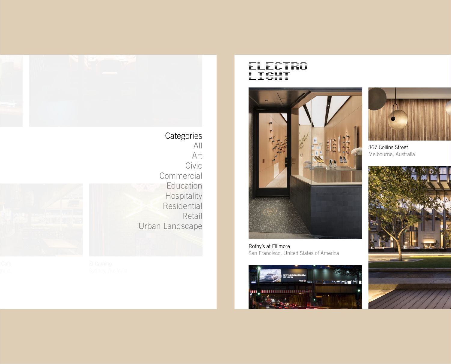 Project filter from the Electrolight website, shown alongside a grid of thumbnails
