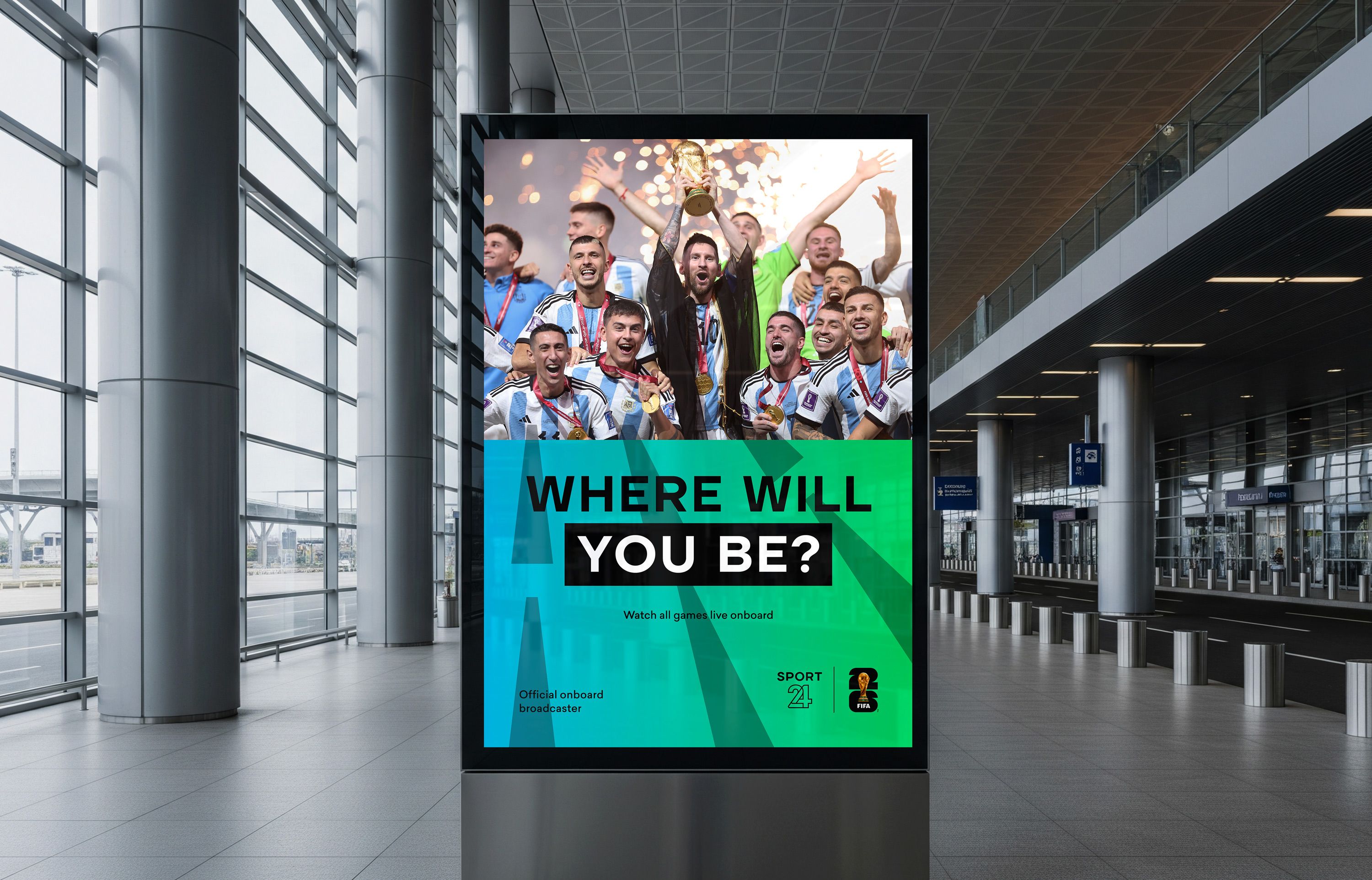 Billboard application of the global identity created for Sport 24’s FIFA World Cup 26™ coverage.