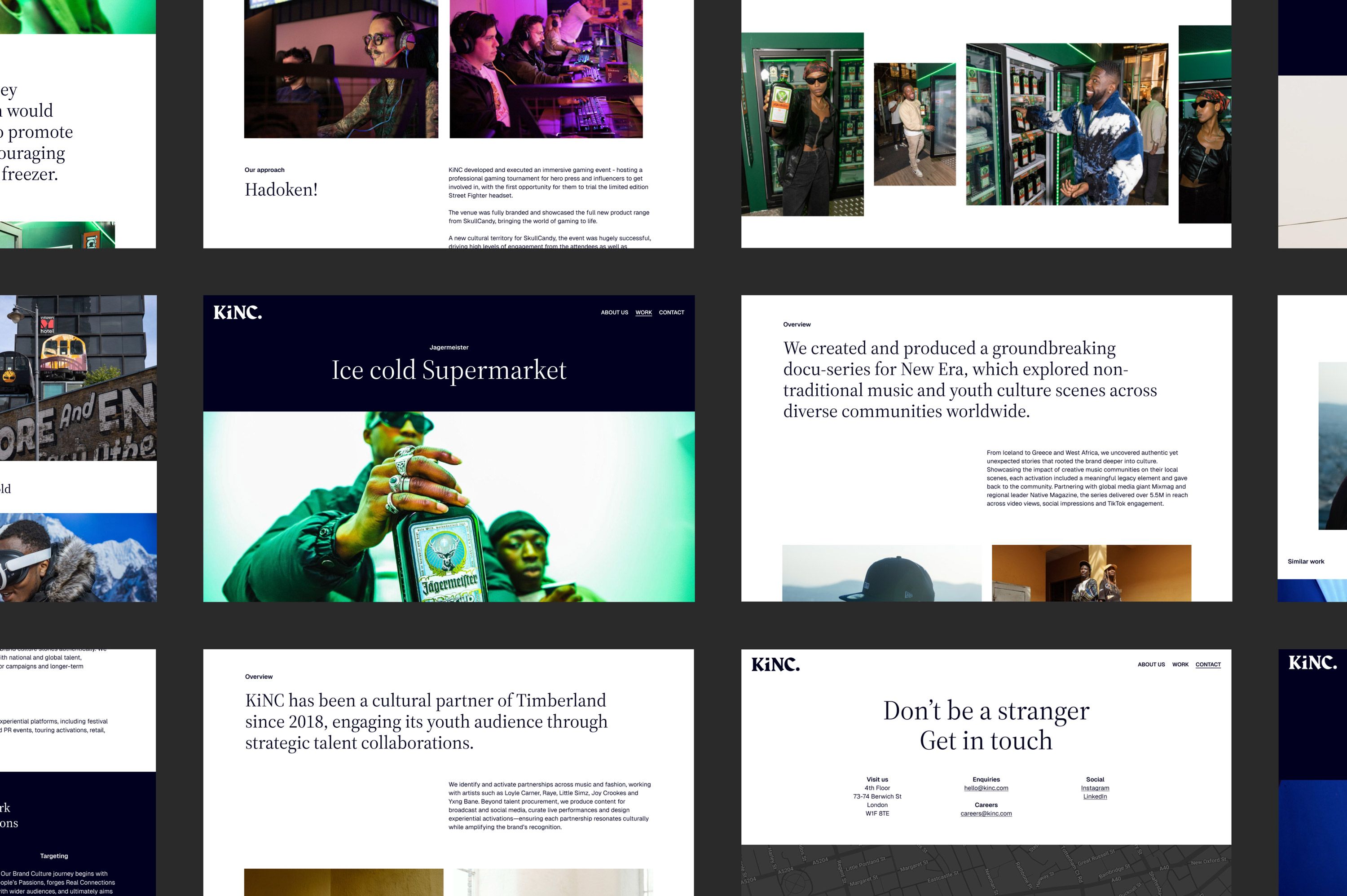 Website for marketing agency KINC, showcasing campaign case studies, youth-focused content strategy, and influencer marketing work through clean design.