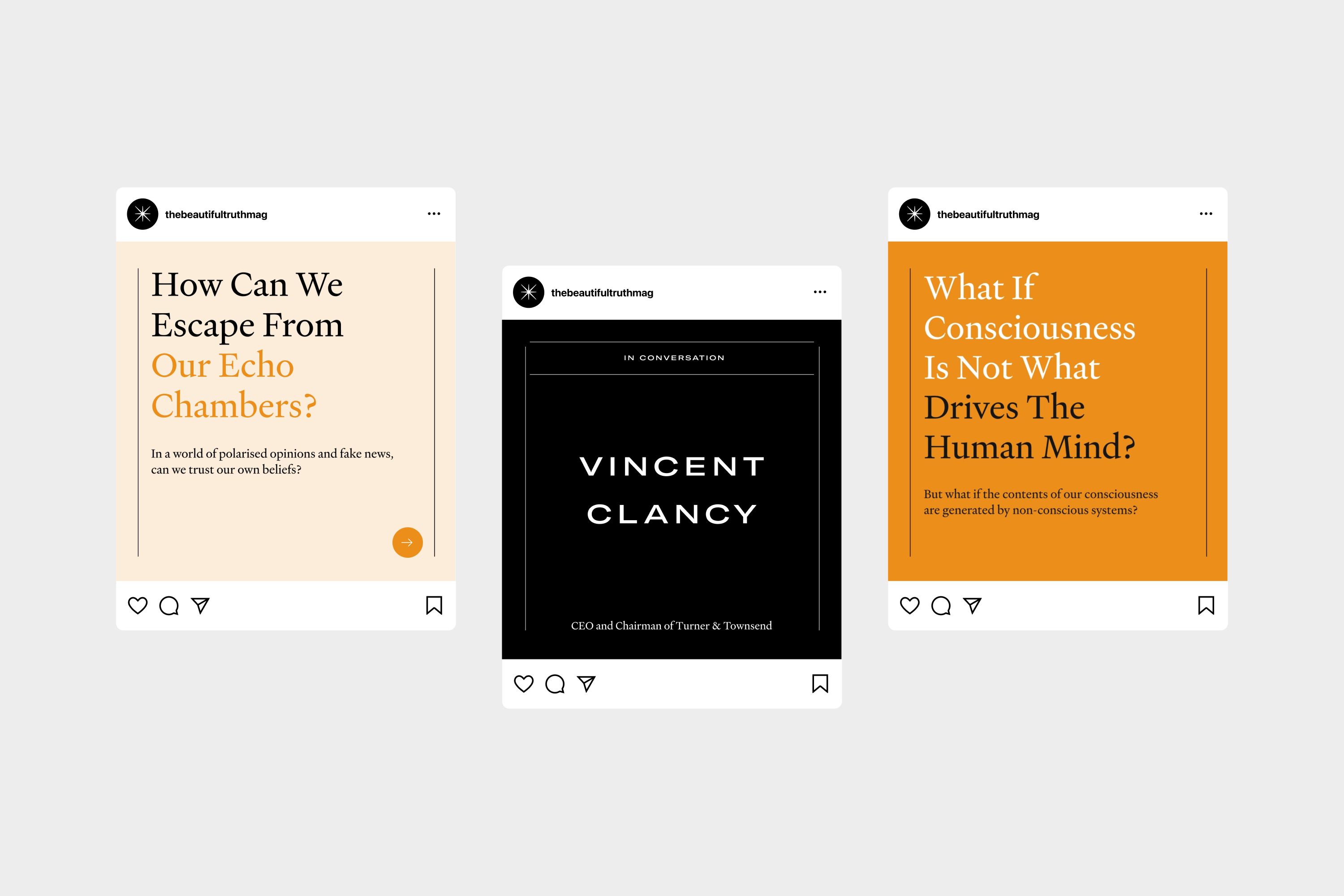 A range of social media designs showcasing the sophisticated brand created for The Beautiful Truth. Design by Extract studio