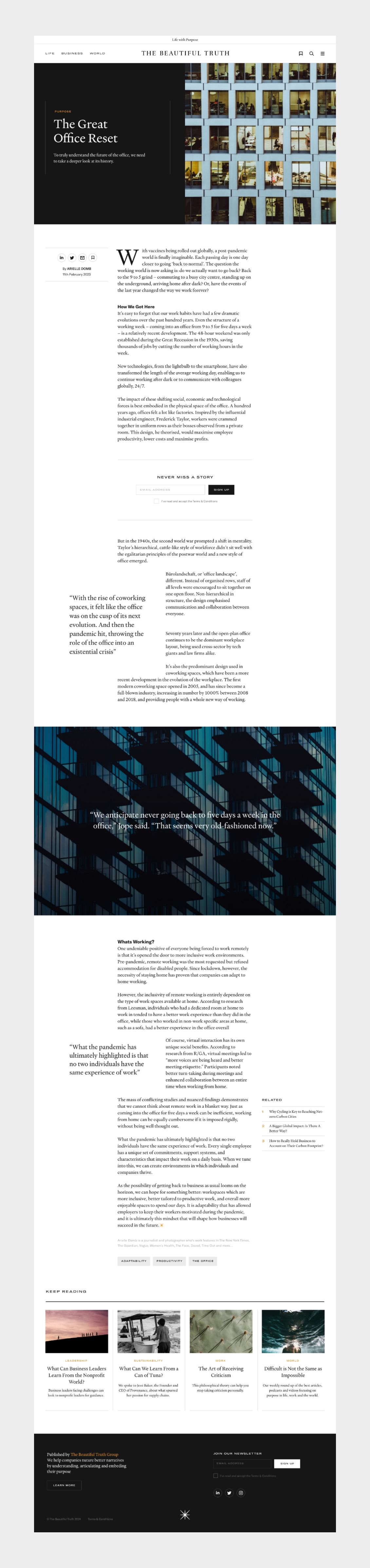 An article page example showing the modular design system of editorial website The Beautiful Truth