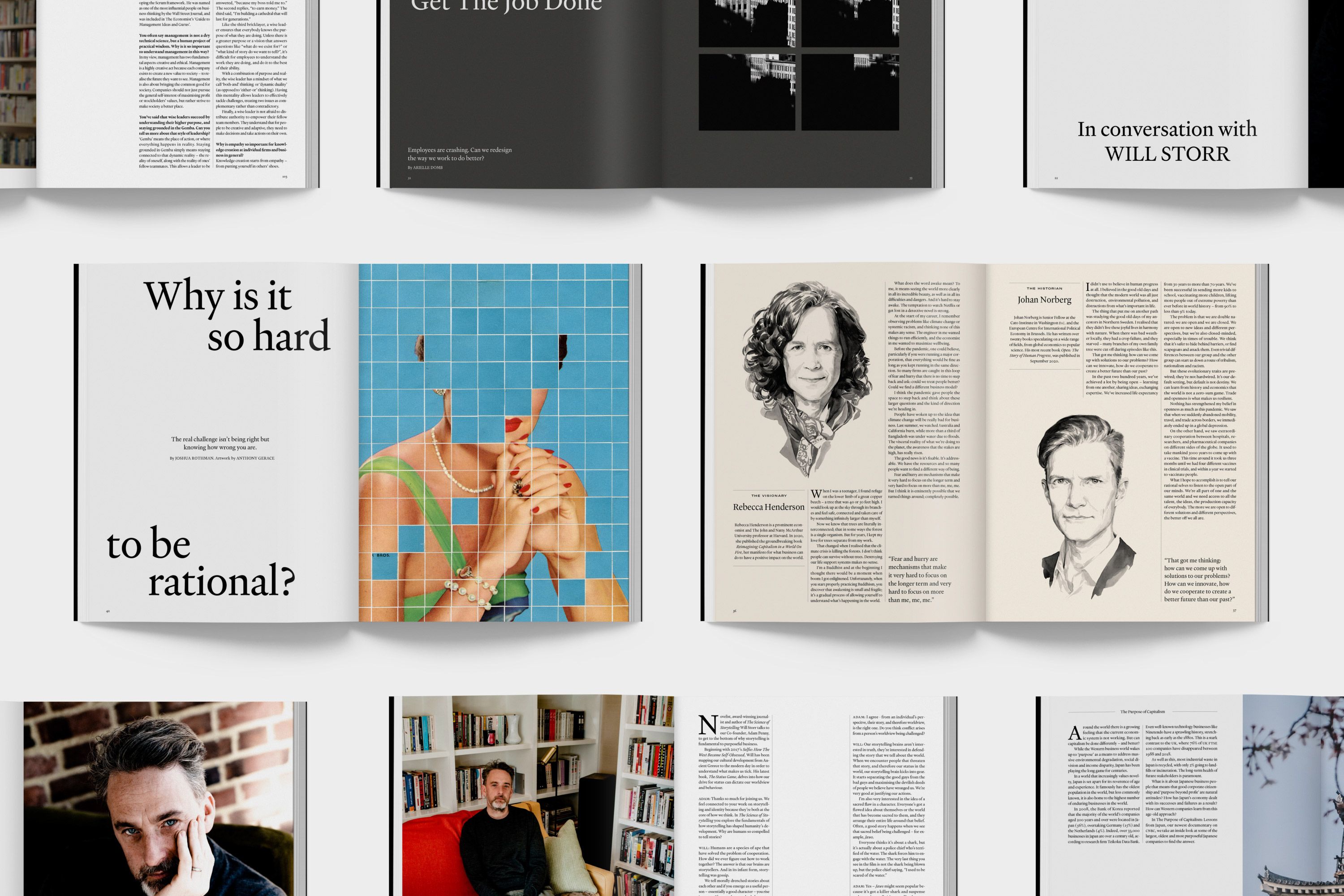 A selection of spreads from The Beautiful Truth magazine. The design showcases photography, illustration and typography in expressive layouts. Design by Extract Studio