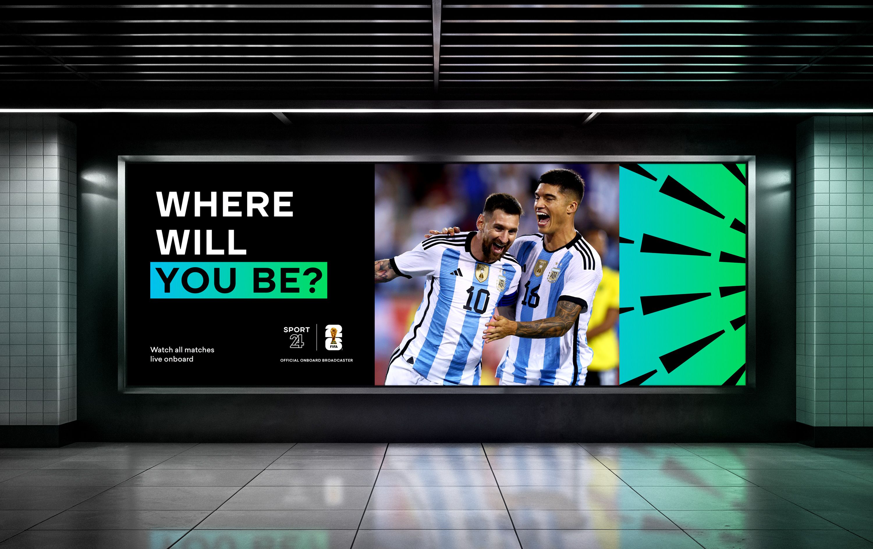 Billboard featuring the global visual identity for Sport 24’s FIFA World Cup 26™ coverage.